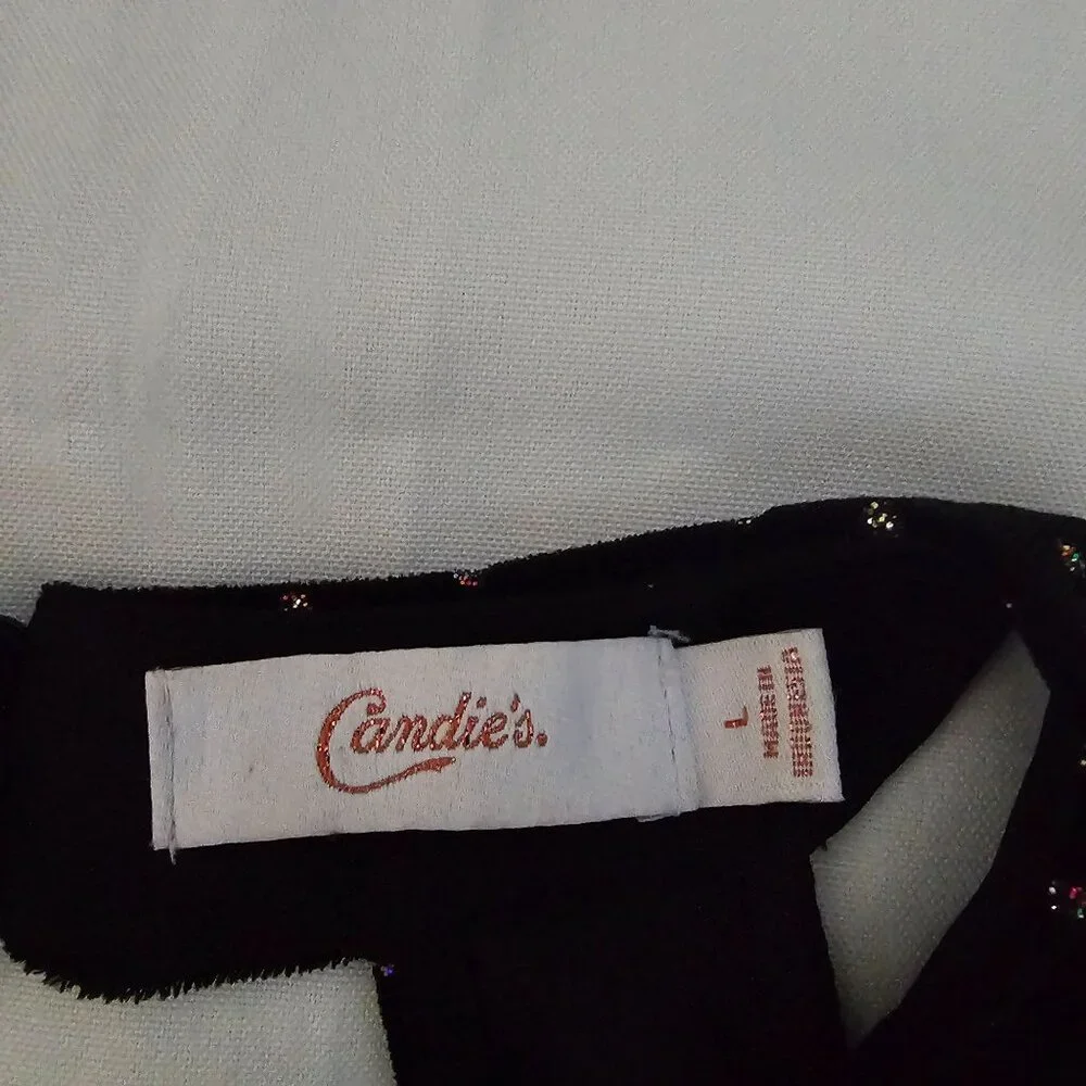 Candie's Black Velvet Sparkly Polka Dot Keyhole Back Halter Dress Women's Large - Picture 7 of 10